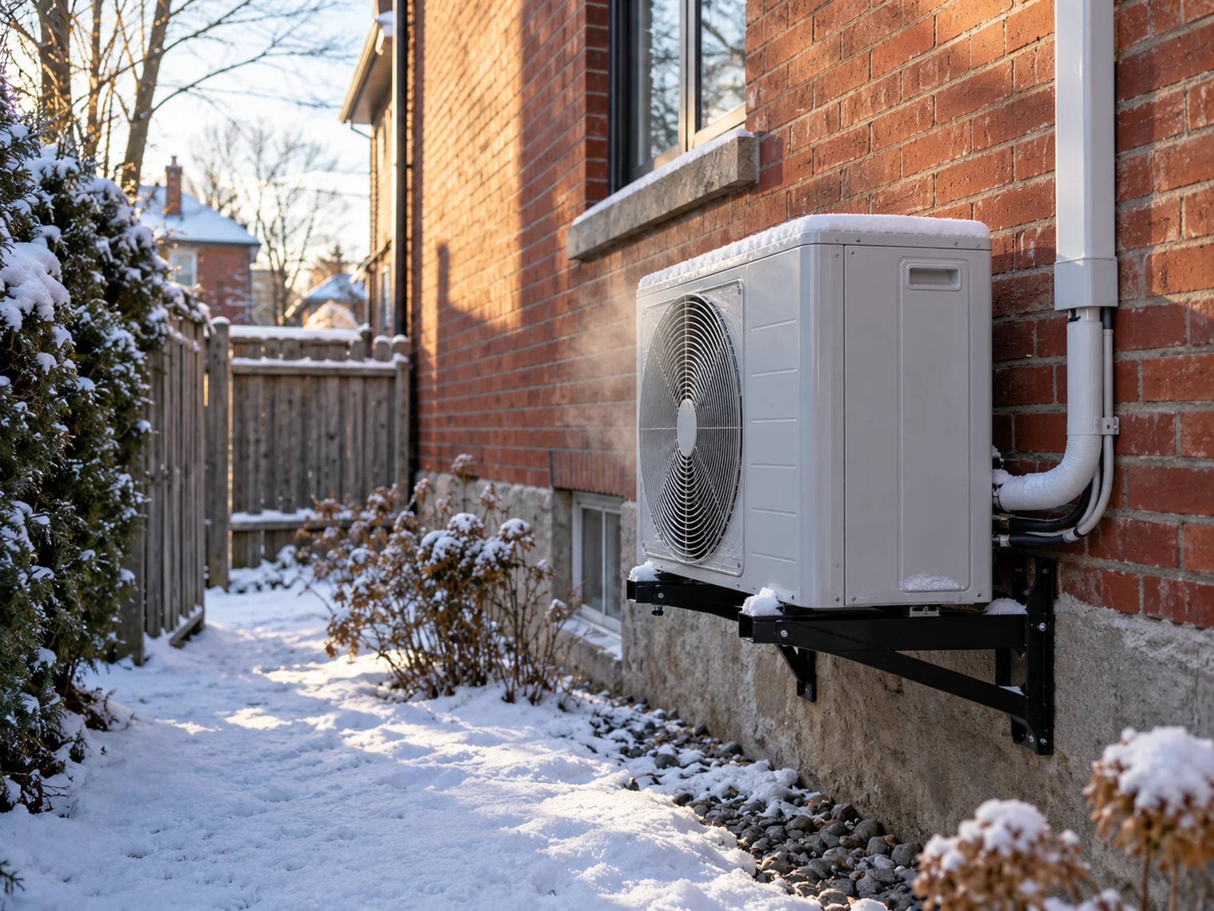 A cold-climate heat pump's outdoor unit on a wall bracket beside a red-brick house, with a light dusting of snow on the ground.