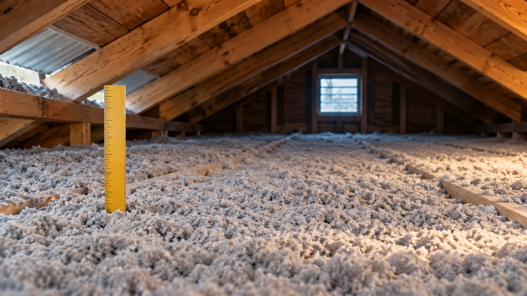 An attic with a fresh, even layer of blown-in insulation between the wooden rafters, lit by a work light.