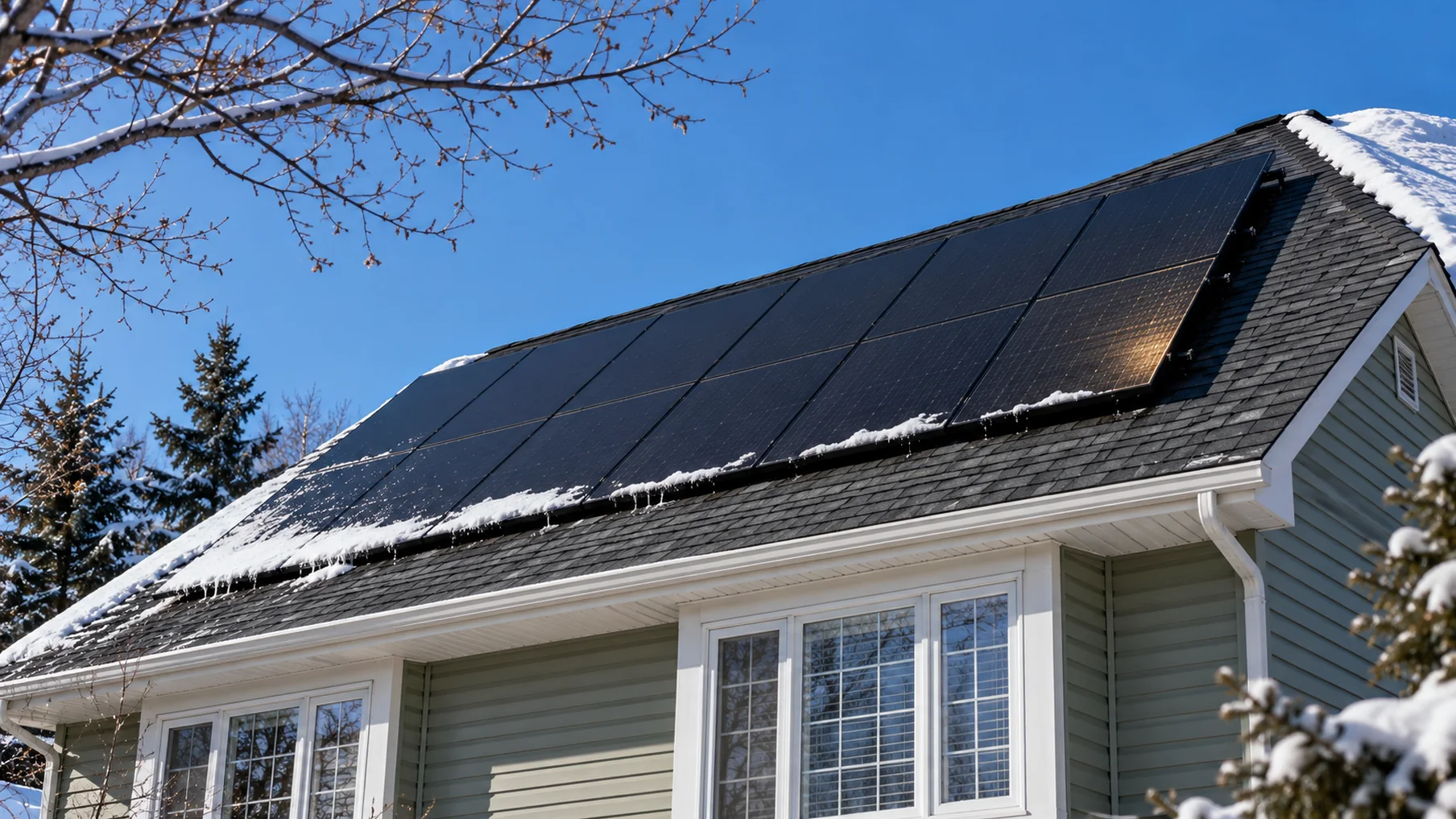 Rooftop solar panels on a two-storey suburban house with a dark shingle roof under a clear late-winter sky.